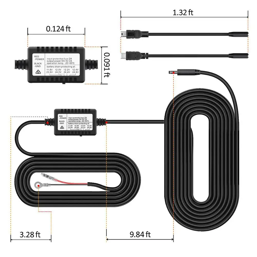 Ruccess Hardwire Комплект Мини Micro USB DVR адаптер питания DC 12 В 24 В до 5 В 2A жесткий провод комплект для видеорегистратора/Автомобильный видеорегистратор/24 H парковка