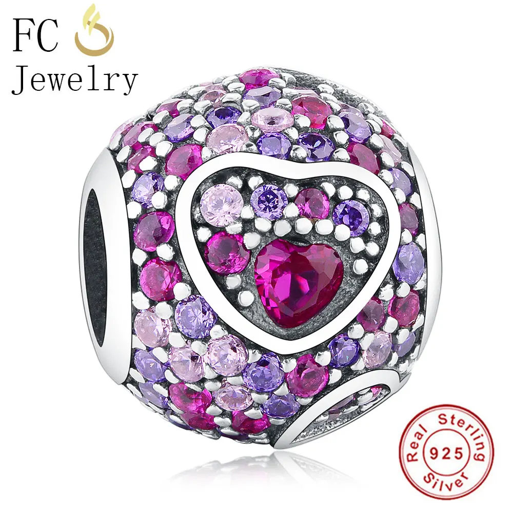 

FC Jewelry Fit Original Pandora Charm Bracelet Bangle 925 Sterling Silver Love Heart Pink Natural CZ Stone Beads Making Berloque