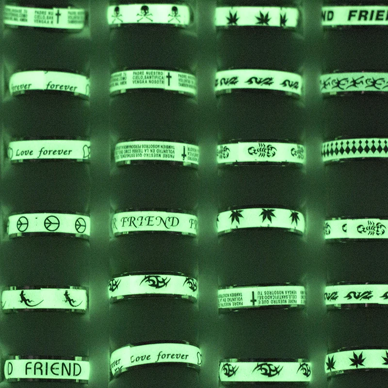 

20 Pieces/lot Stainless Steel Luminous Rings Wholesale Mix Pattern Letter Vintage Rings for Women and Men Glow In The Dark