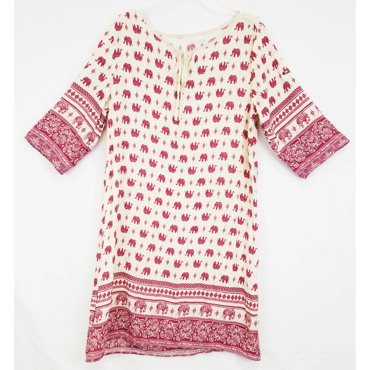 Amtal Women Two Color Red And White  Elephant Design Quarter Sleeve Loose Fit Bohemian Tunic Girls  Dress (1)