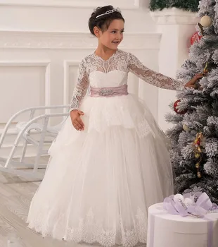 

Glitz Floor-length Crystal Open Back Long Sleeves Bow Ruffles Princess Christmas Girl Wedding Dresses Kids Communion Ball Gown