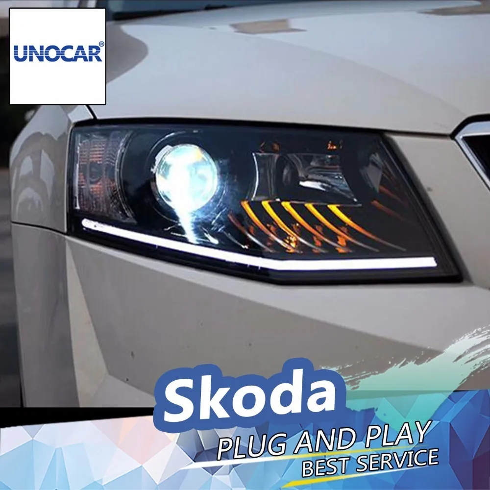 UNOCAR for Skoda Octavia Headlights 2014-2015 New LED Headlight DRL Bi Xenon Lens High Low Beam Parking | Автомобили и мотоциклы