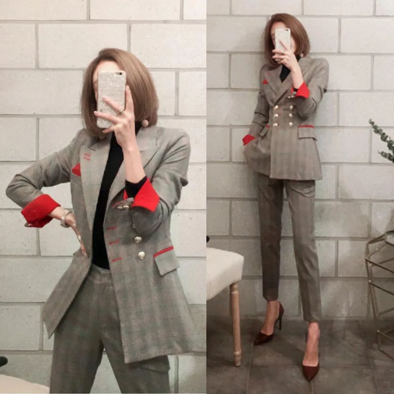 

Fashion temperament suit suit female 2019 spring and autumn new Slim stitching lattice small suit two pieces Pants suit Women