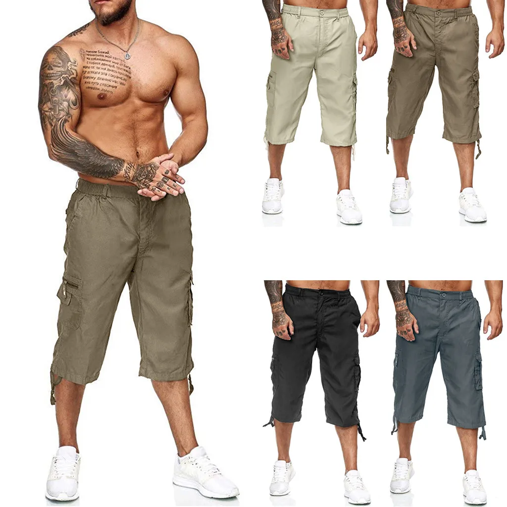 Тонкие летние мужские камуфляжные на открытом воздухе с несколькими карманами эластичная талия до середины икры Спортивная одежда Мужские Брюки Карго спортивные штаны