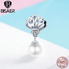 BISAER 100% 925 Sterling Silber Glück Charme Süßwasser Perle Shell Perlen fit für Armbänder DIY Schmuck Mutter Geschenk ECC1155