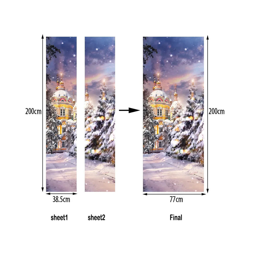 77x200 см новогодний Снежный пейзаж двери наклейки для гостиной Рождество Замковая роспись декоративные наклейки ПВХ самоклеющиеся обои