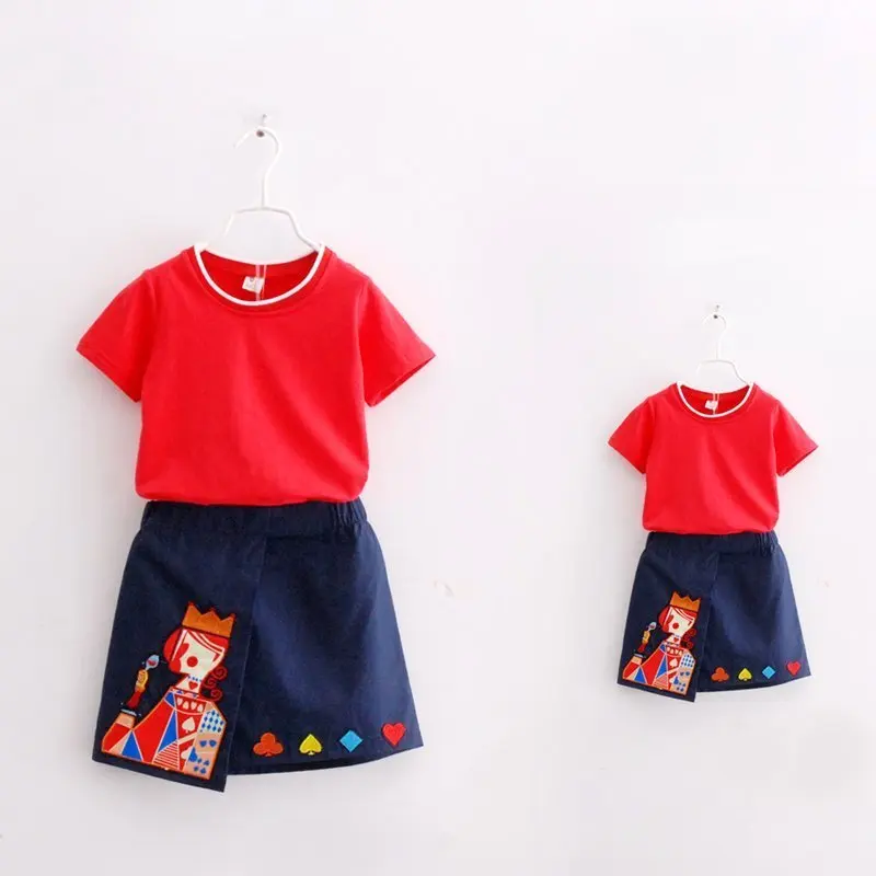 

Mom Mum Mother and Daughter Dress Family Matching Outfits Clothes Summer T Shirt +skirt 2pcs Set Girl Poker Cards Printed Dress