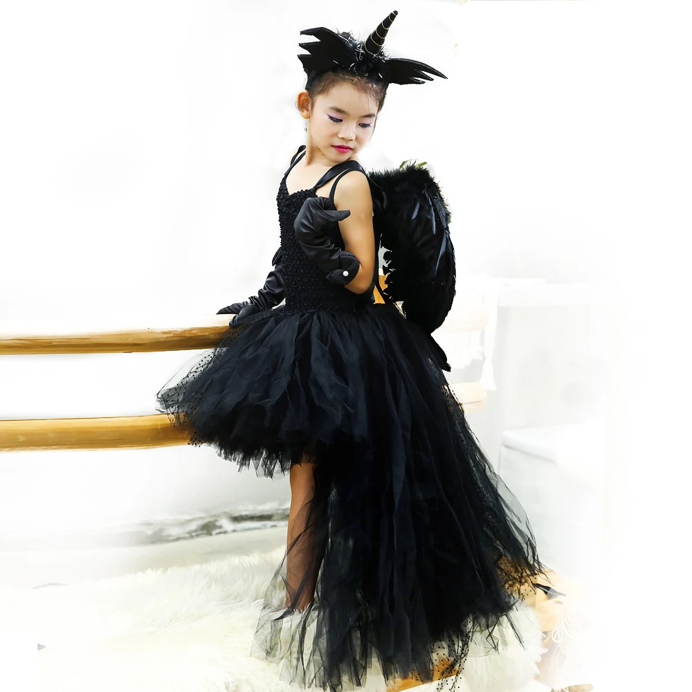 

Black Angel Tutu Dress Before Short After Long Tulle Girl Dress Tail Kids Pageant Evening Party Dress Girls Halloween Costume