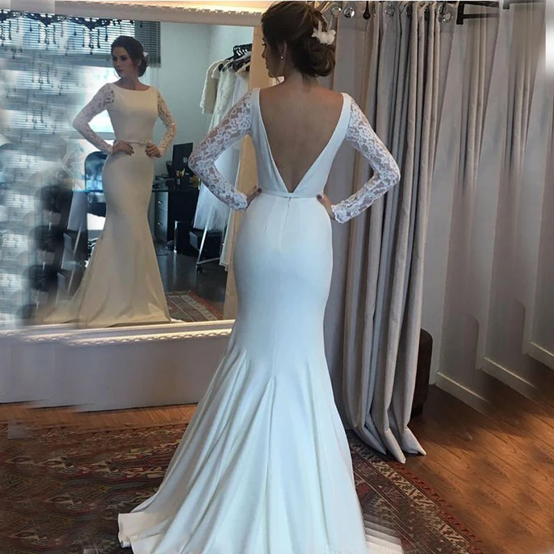 

Elegant Mermaid Wedding Dresses With Long Lace Sleeves Satin Bridal Gowns Backless Court Train Vestidos De Novia Beach Dresses