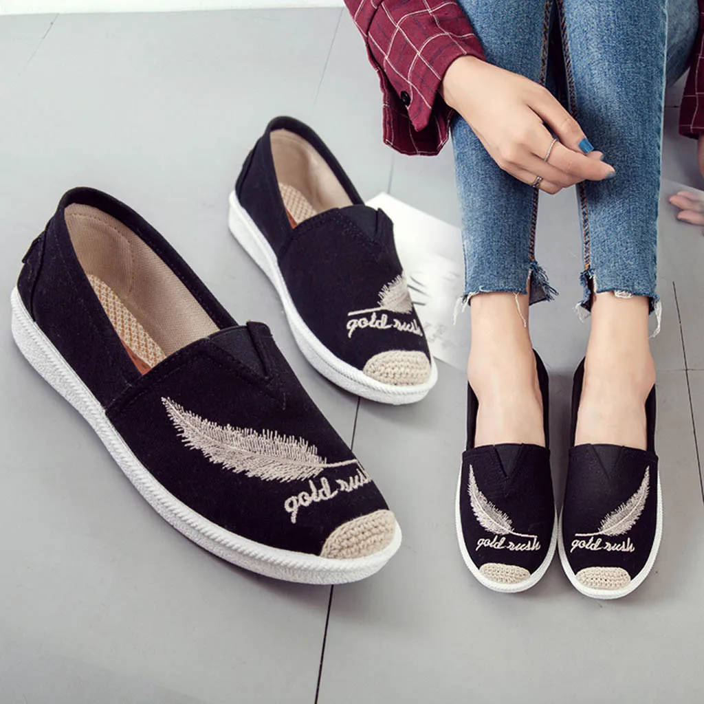 

YOUYEDIAN Women Ladies shoes Fashion Round Toe Flat With Embroider Loafers Casual shallow Canvas Shoes zapatos de mujer