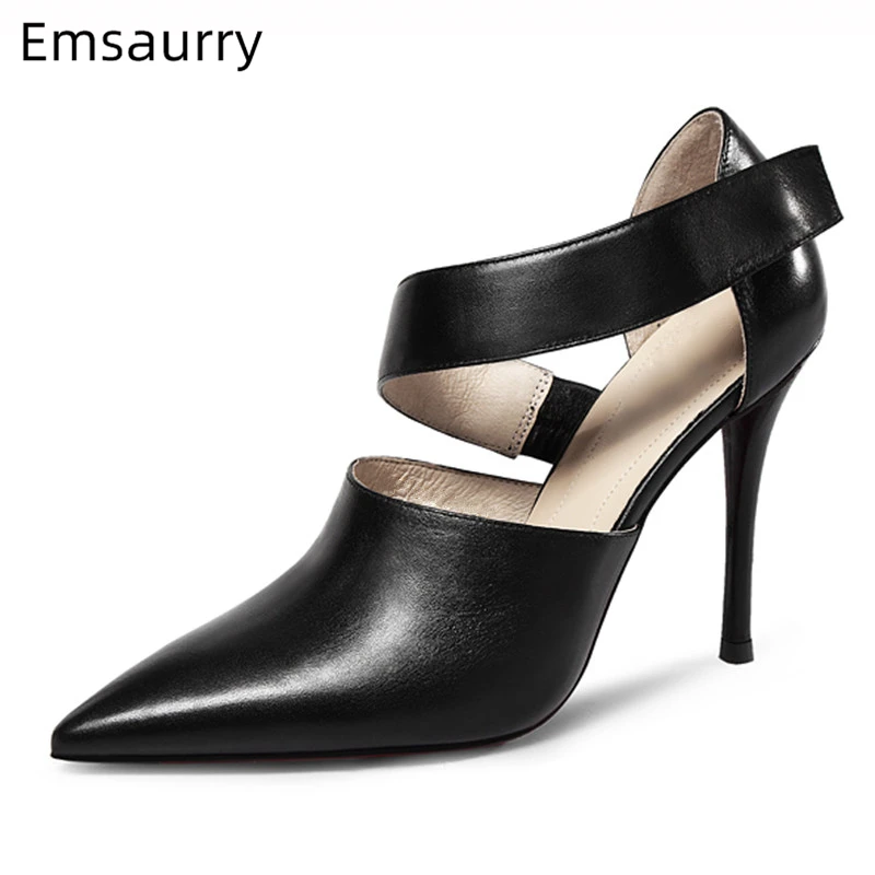 

Genuine Leather Pointed Toe High Heel Shoes Woman Stiletto Heel Side Belt Cut Out Suede Dress Shoes Runway Pumps For Women