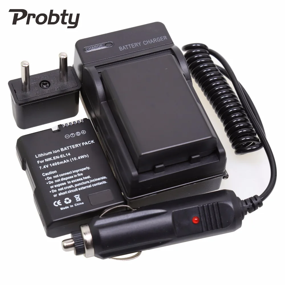 PROBTY 2Pcs EN EL14 ENEL14 Battery + Charger + Plug Adapter For Nikon