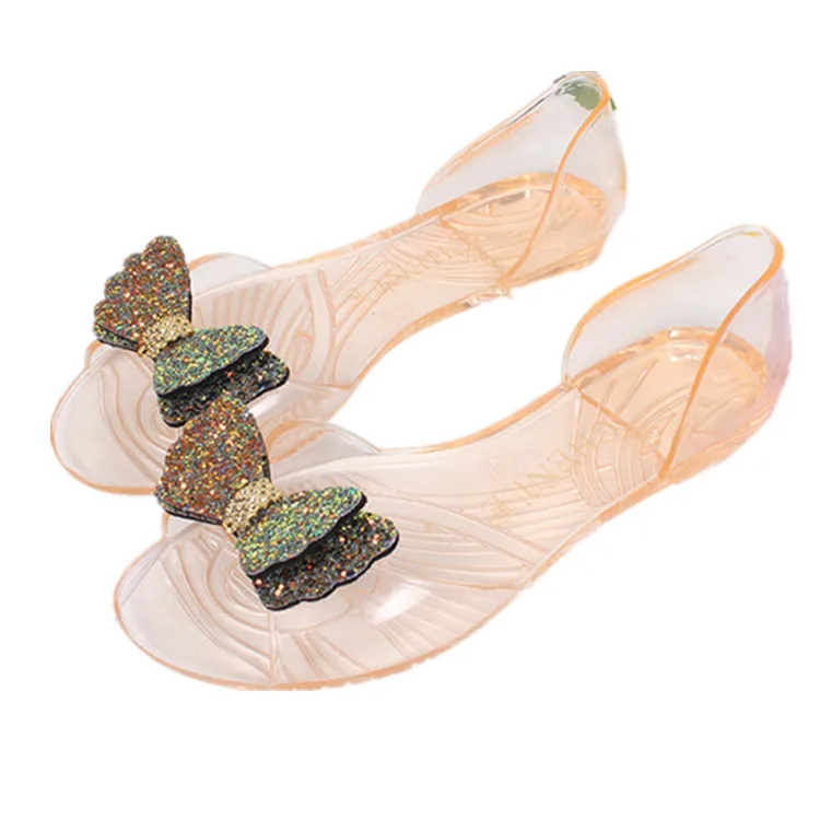 

New Summer Woman Bow Sandals Flat Transparent Pvc Simple Slippers Womens Shoes