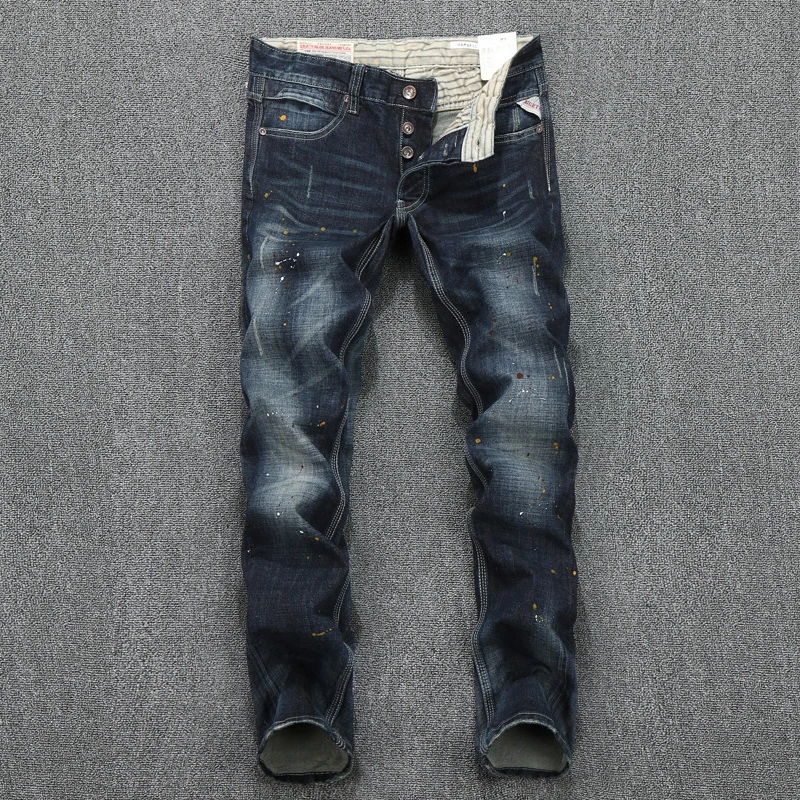 

Fashion Designer Men Jeans Buttons Denim Stripe Jeans Mens Pants Retro Paint Dirty Wash Slim Fit Street Biker Jeans Size 29-38