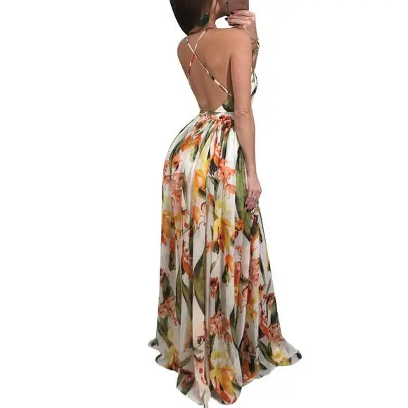 Женское шифоновое платье без рукавов Boho длинное с глубоким v образным вырезом и