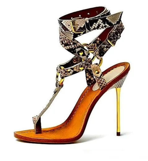 Sexy Snakeskin T-bar Sandals Gold Metal Thin Heel Woman Dress Shoes Python Printed Sandals Big Size 10 Flip Sandals