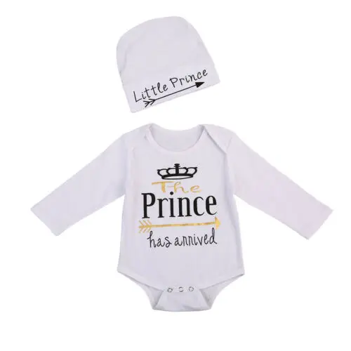 

Newborn Baby Boy White Spring Prince has arrived Romper+Hat Soft Cotton Outfit Clothes