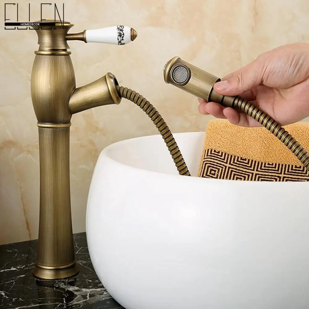 

Antique Copper Bathroom Tall Faucet Pull out Basin Sink Water Mixer tap Hot and Cold Single Hole Faucets EL9601A07T