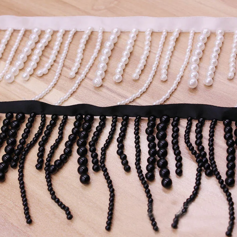 

10yards Long Pearl Fringe Beaded Lace Trim Garment Dress Tassel Lace Decoration Shoes Ornaments White Black Hanging bead curtain