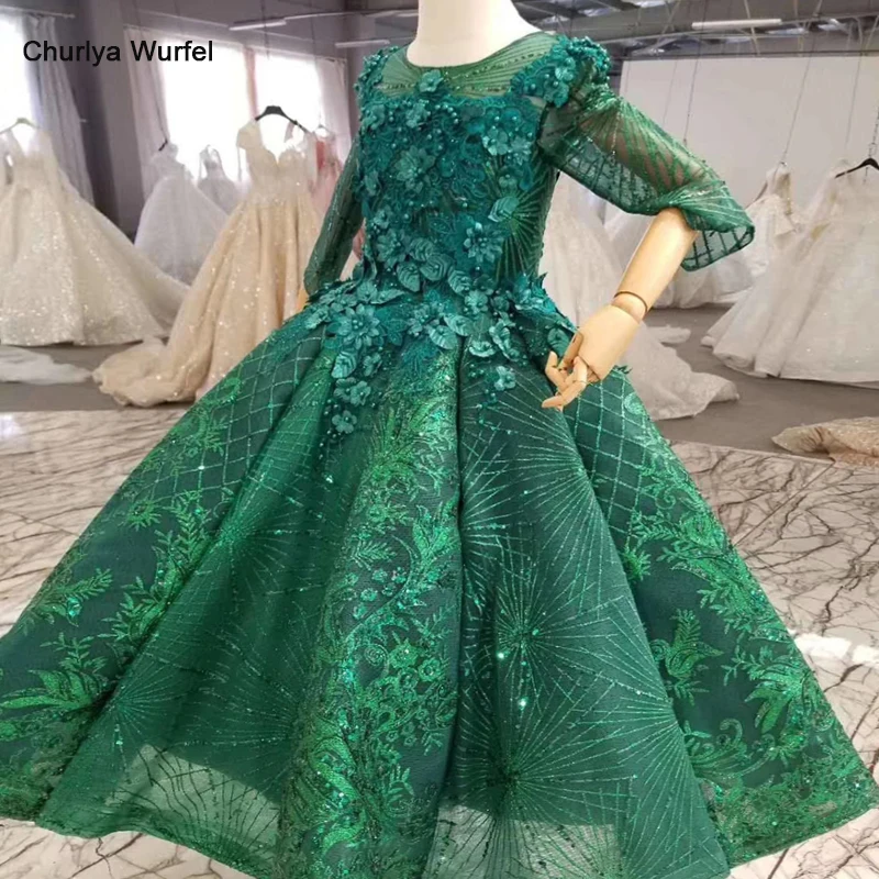 

HTL0543 green muslim girls pageant dresses first communion o-neck 3D flowers girl Parent-child evening dress vestidos floreados