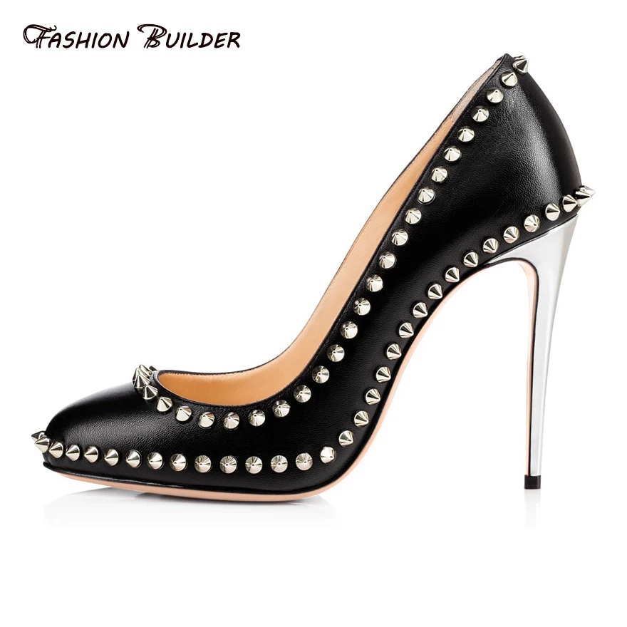 2016 New Spring Autumn Fashion Shallow Round Toe Slip On Super Thin High Heels Rivets Pumps
