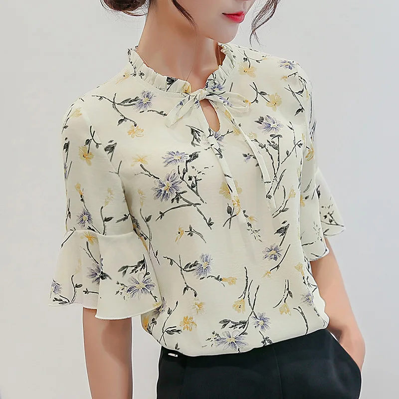  Women  Blouses  2022 Chiffon Print Ruffles Sleeved Blusas 