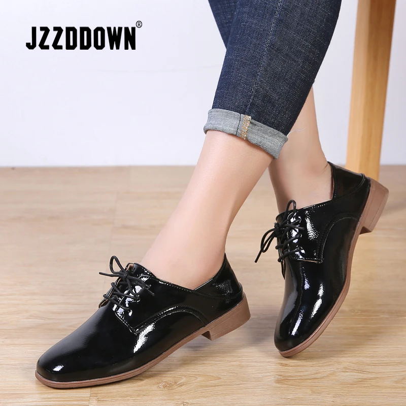 

JZZDOWN Women Derby Shoes Dress PU Lace up Square Toe Oxfords Shoes Flat Women Black Casual Shoes Office Ballet Flats Women Shoe