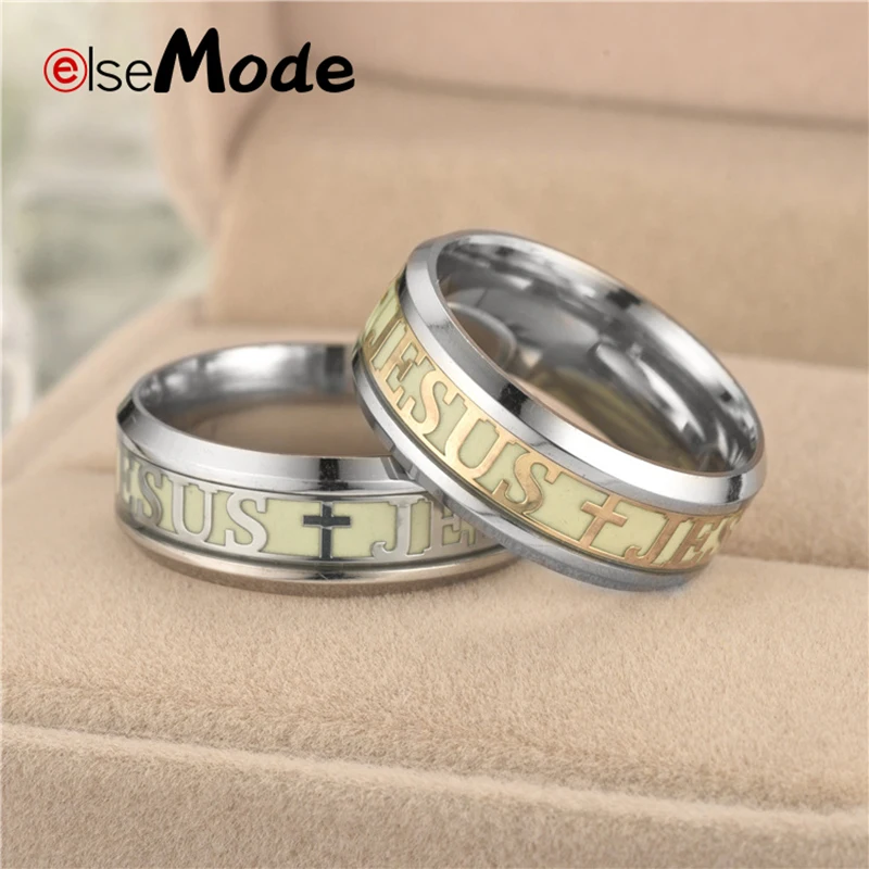 ELSEMODE Luminous JESUS Cross Christ Ring Titanium Steel Glowing In The Dark Wedding Engagement Rings For Women Men Jewelry