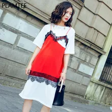 PLAMTEE Lace Stitching Women Dresses Hit Color Midi Tshirt Dress 2017 Summer O-Neck Short Sleeve Bodycon Vestidos Feminina S M