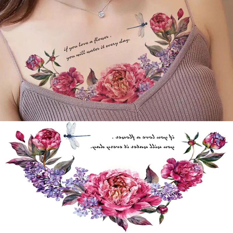 

New designs Chest Flash Tattoo large rose flower dragonfly shoulder arm Sternum tattoos henna body/back paint Under breast skull