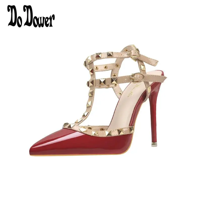 

Designer Pointed Toe 2-Strap with Studs high heels Patent Leather rivets Sandals Women Studded Strappy Dress Shoes valentine