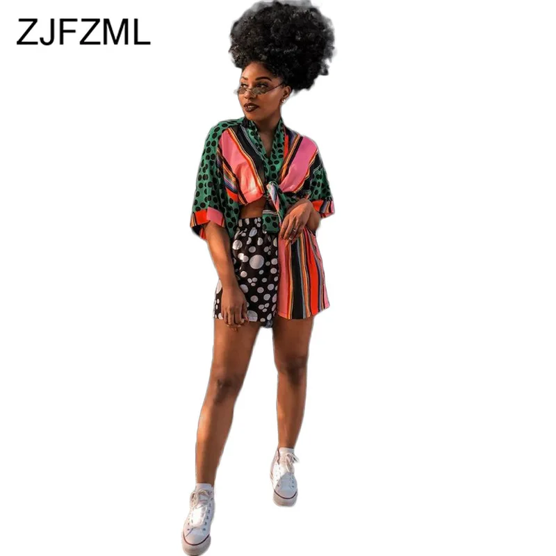 

Polka Dot Striped Print Two Piece Set Women's Suit Deep V Neck Long Sleeve Crop Top And Bodycon Shorts Sweatsuit 2 Piece Outfit