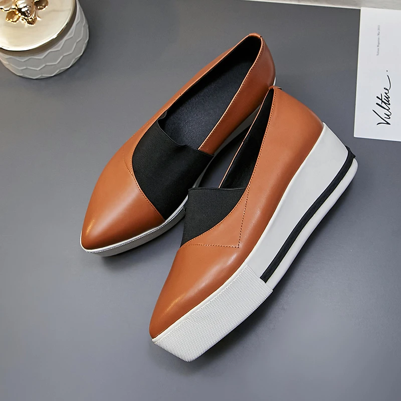 on Appartements Derbies Black Espadrilles white Véritable Cuir Chaussures forme De brown Mocassins Pointu Femmes Marque Plate Loisirs Slip Designer Bout ZwqAxFB0I