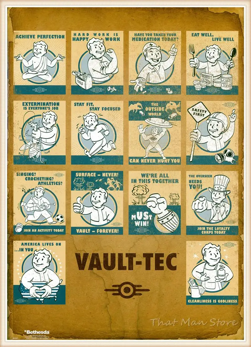 Fallout 3 4 игры белый картон плакат домашний интерьер украшения рисунок core наклейки на стену 42*30 см - Цвет: Золотой