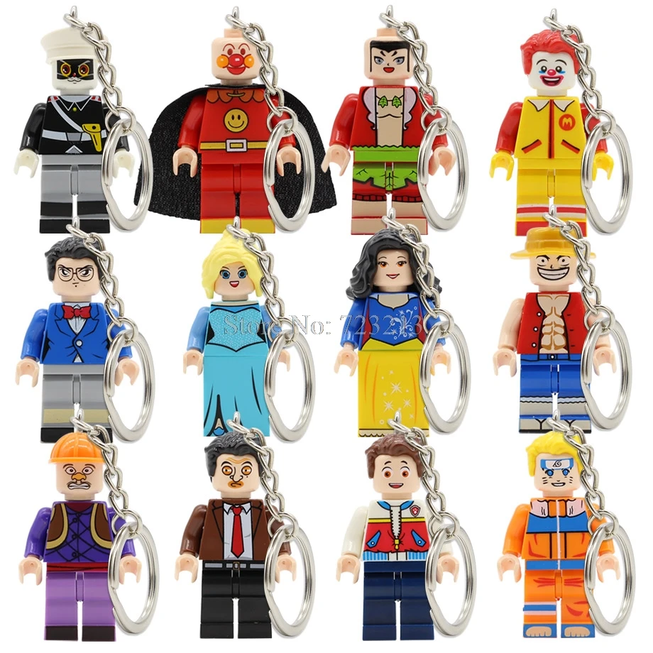 

12pcs Cartoon Keychain Figure Set Key Ring Anpanman ONE PIECE Conan Mr. Bean Cat Sheriff Princess Building Blocks Bricks Toys