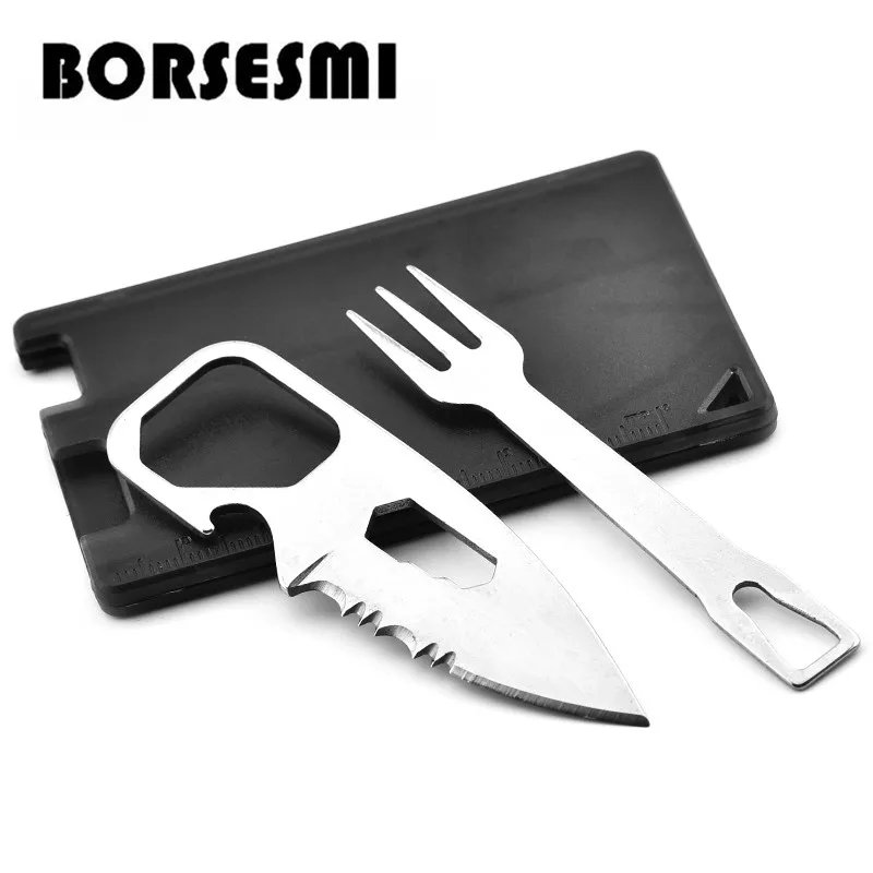 

Hot sale multi-function tools card pocket knife fork camping cutlery kit 8 in 1 Portable survival knives Mini credit card 86mm
