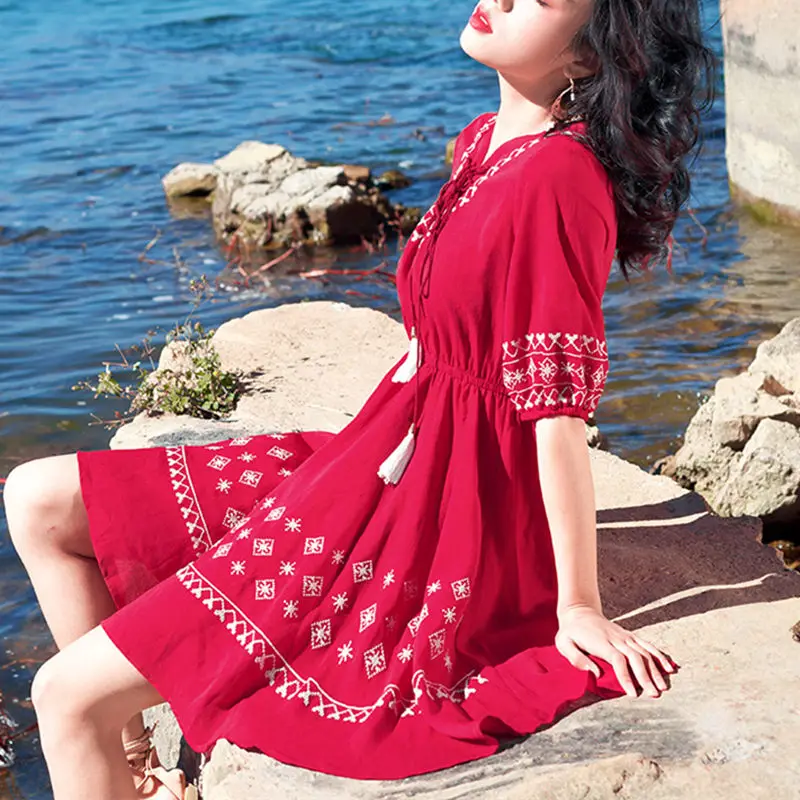

Travel Holiday Necessary Travel Short dress vintage Ethnic Wind Dresses Women Boho beach mini dress girl slim summer dress