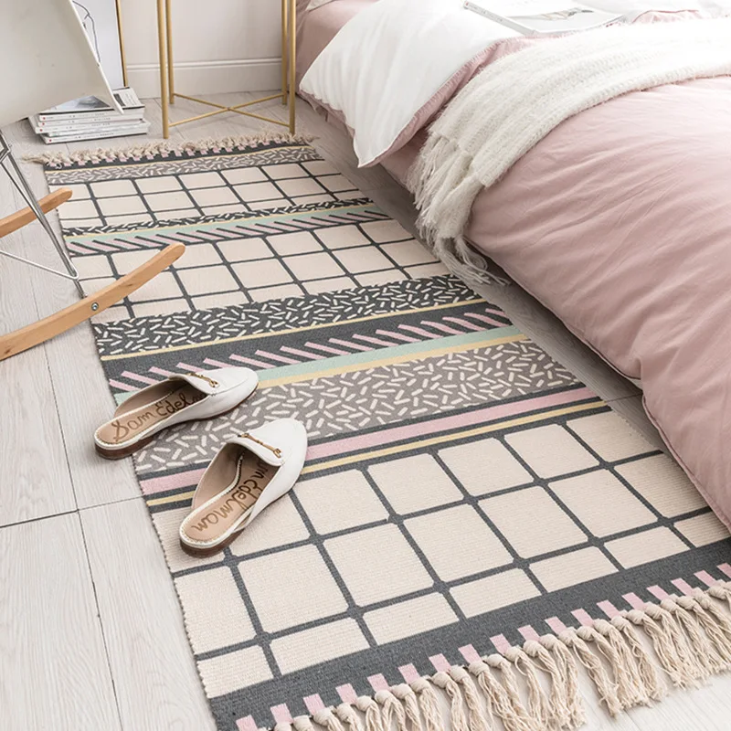 

3 Sizes Woven Cotton Linen Carpet with Tassels Bohemian Hand Retro Geometric Print Floor Mat Living Room Bedroom Bedside Rugs