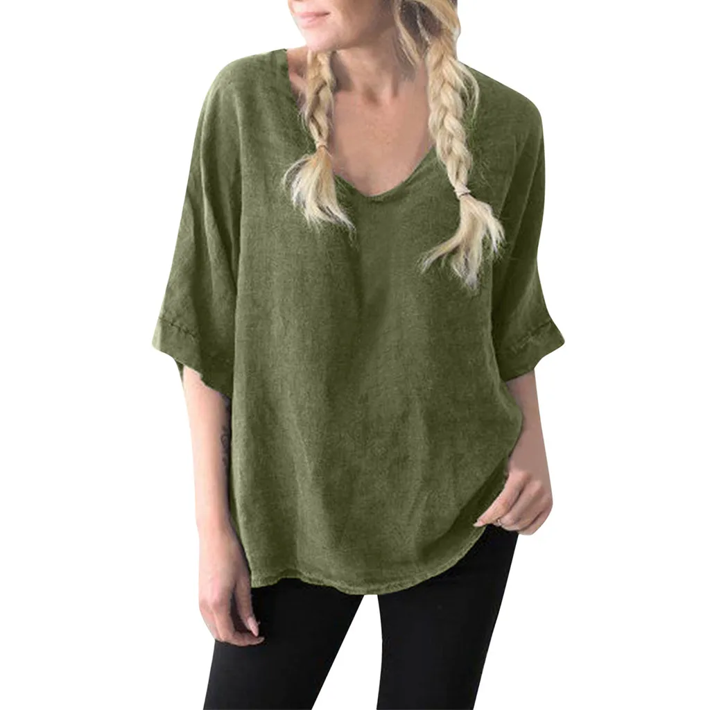 

Fashion Womens Vintage V-neck Solid Green Gray Cotton Linen Casual Loose T-shirt Girl's Summer Femininas Blusas Camisa Tees Tops