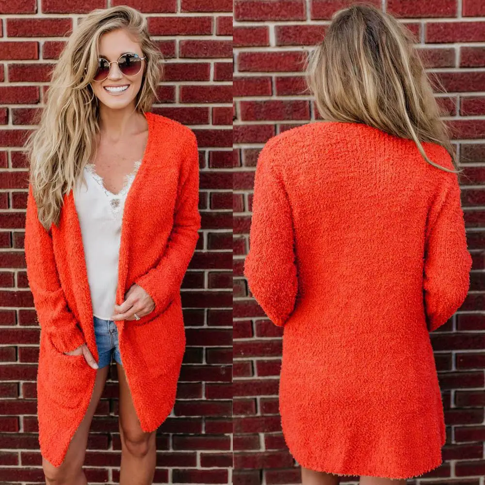 Casual Plush Coat Women 2018 Autumn Winter Warm Soft Long Jacket Female Plush Overcoat All Match Outerwear With Pocket Orange