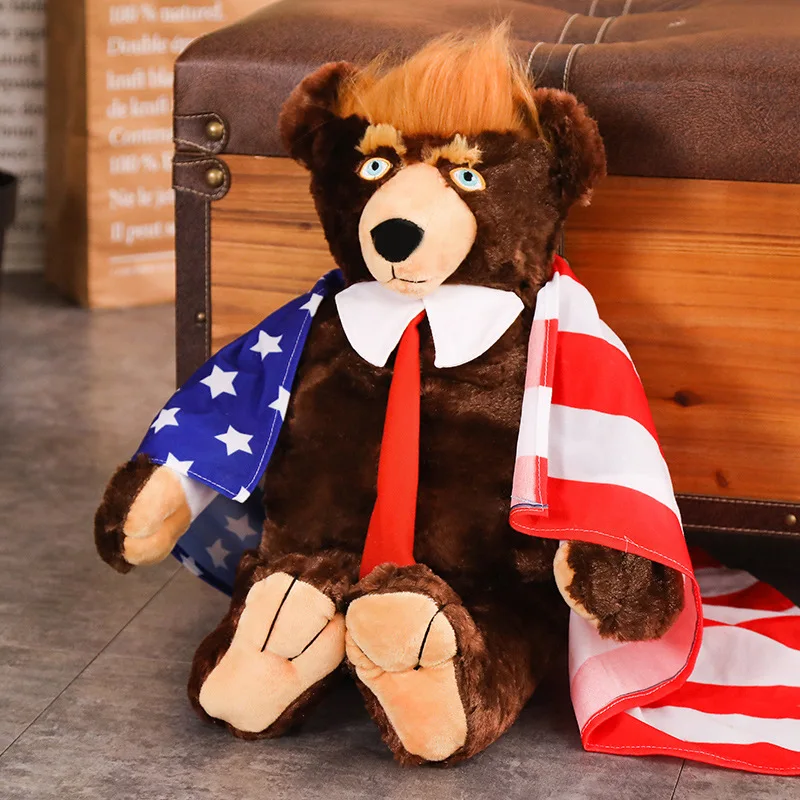 

60cm Funny Donald Trump Bear Plush Toys Stuffed Animal Toy Cool USA President Bear with Flag Cloak Collection Doll Gift for Kids