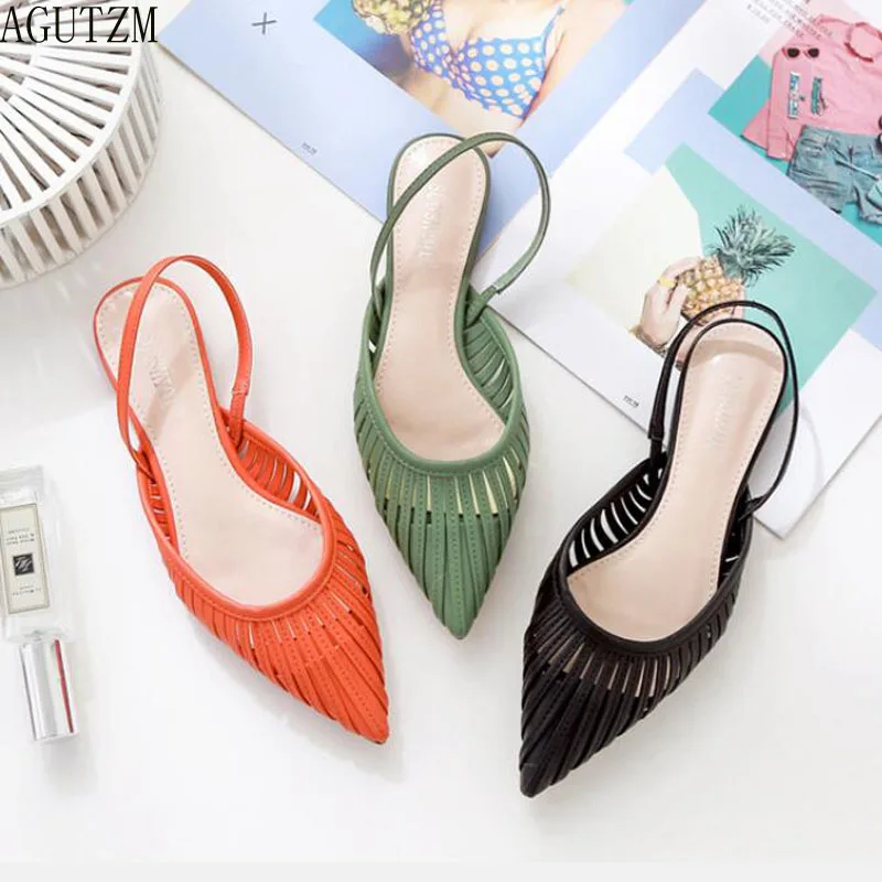 

AGUTZM 2019 New Women Flat Sandals Brand Design Pointed Toe Slip On Sandal Low Heel Woven elastic sandals for women m368