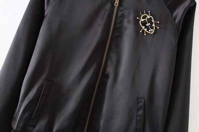 VOGUEIN новые женские дамы Beatles вышитый бисером черный атлас Бомбер куртка пальто