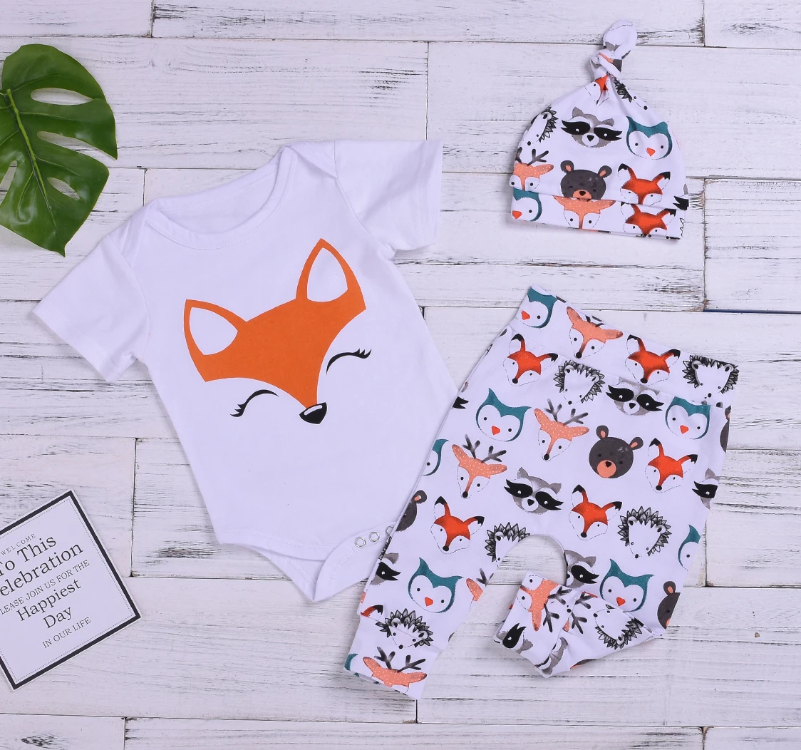 

Pudcoco Newborn Baby Boy Girl Clothes Animals Print Romper Long Pants Hat 3Pcs Outfits Cotton Clothes
