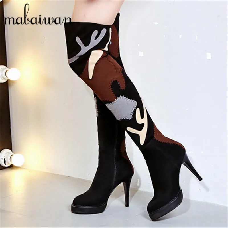 Fashion Black Appliqus Women Suede Long Boots Sexy Thigh High Botas Pointed Toe Platform Slim Fit Gladiator Botines Mujer