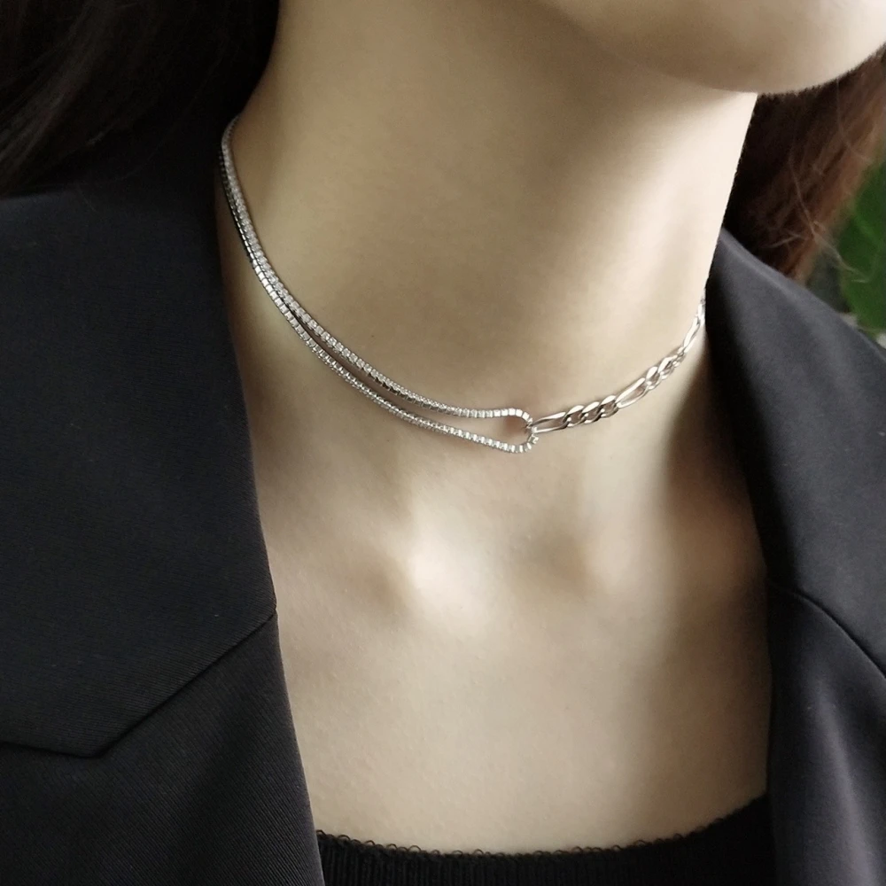 

Korean 925 Sterling Silver Female Simple Asymmetrical Short Choker Figaro Cuban Chain Necklace CZ Zircon Collar Choker For Girl