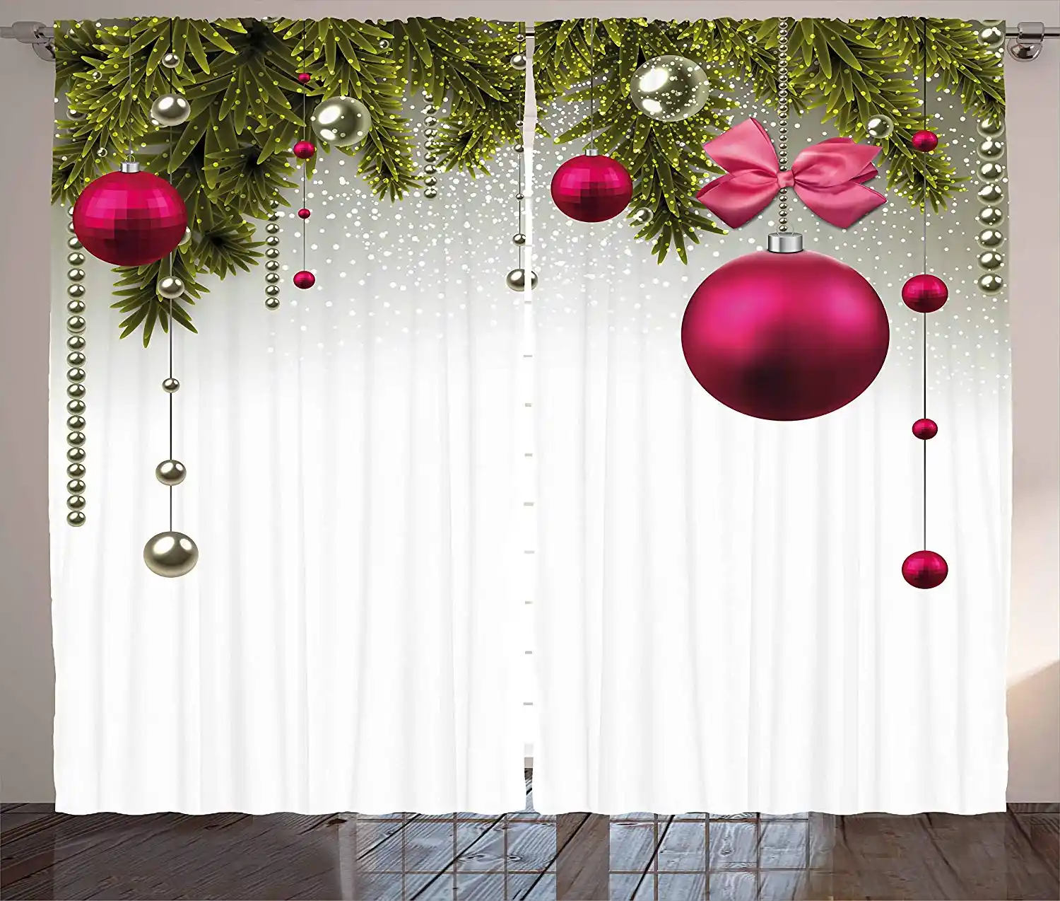 cortinas navidenas con ramitas de abeto vividas y bolas de magenta marco para preparacion de dia especial panel de decoracion para ventana de sala