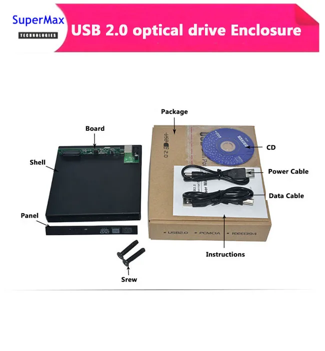 

External USB 2.0 optical drive Enclosure Case Optical Drives retail box SATA Slim CD DVD-ROM RW Blu-ray