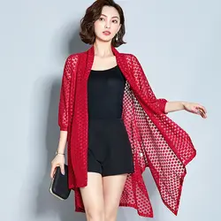 Женская одежда 2019 полый дикий кардиган женское летнее длинное пальто средней длины солнцезащитный крем корейский стиль Кружевная Сетка