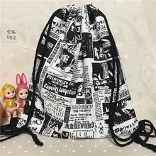 YILE хлопок рюкзака парусиновной завязки зачетных книг сумка напечатан Иллюстрированный английская газета B321